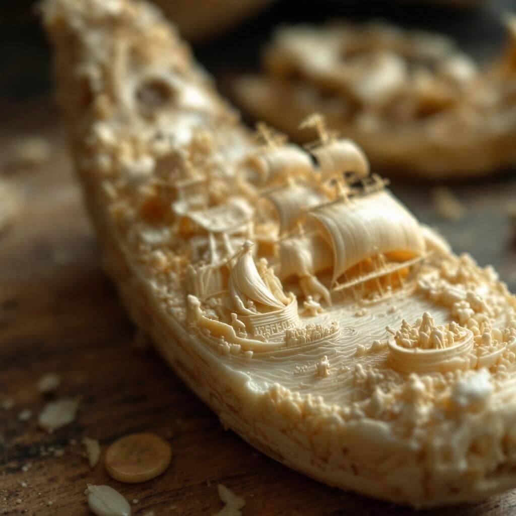 Hyper-realistic photograph showcasing detailed scrimshaw artwork with intricate maritime scenes carved on whale ivory, illuminated to highlight the expert historical craftsmanship and minute details