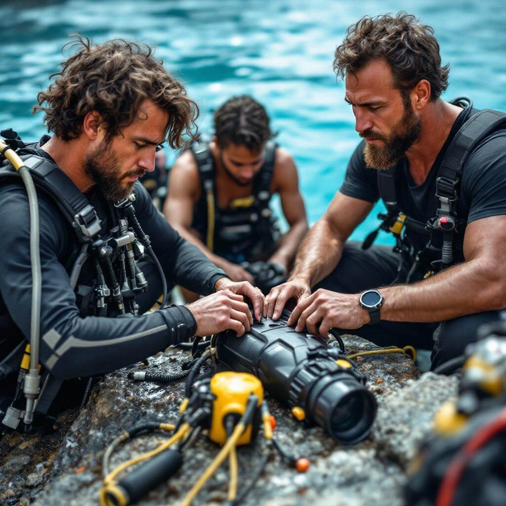 Professional scuba divers meticulously preparing their equipment on the rocky edge of the Blue Hole, readying for dive into the blue waters