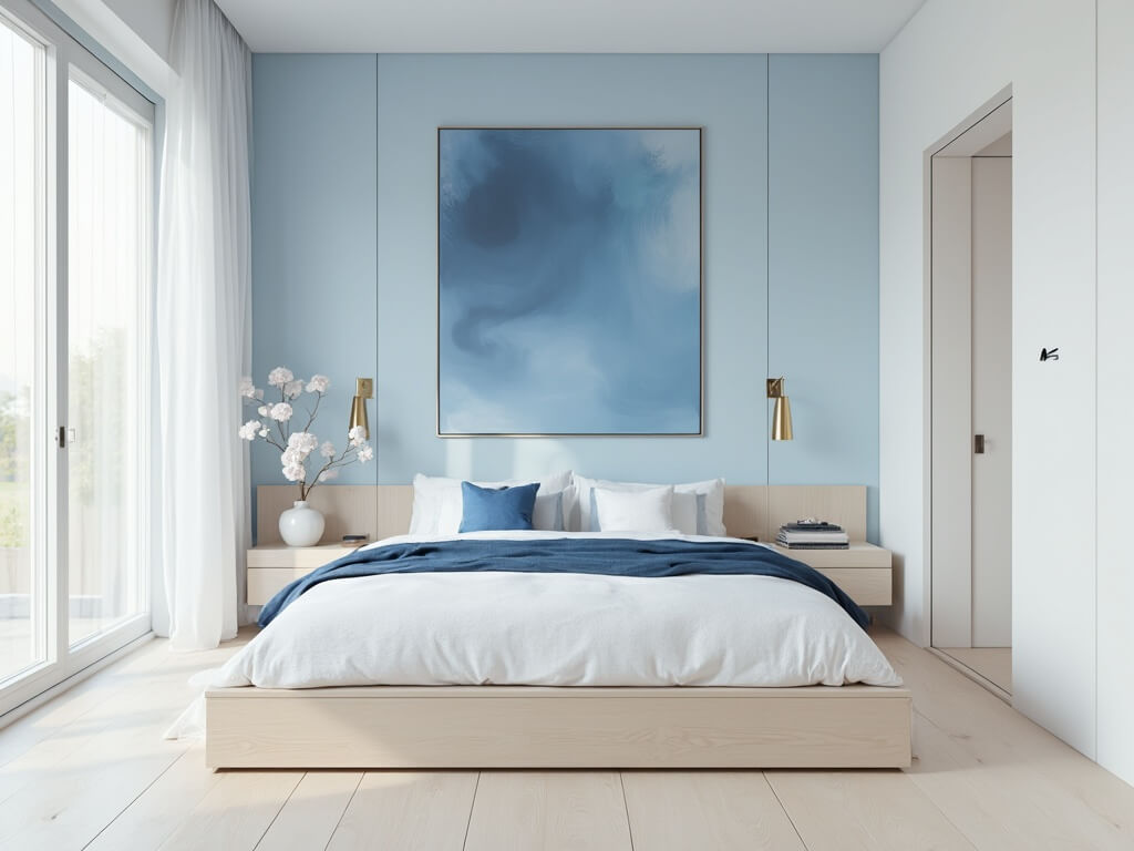 "Minimalistic blue and white bedroom with oak platform bed, brass sconces, abstract artwork, and floor-to-ceiling windows in morning light"