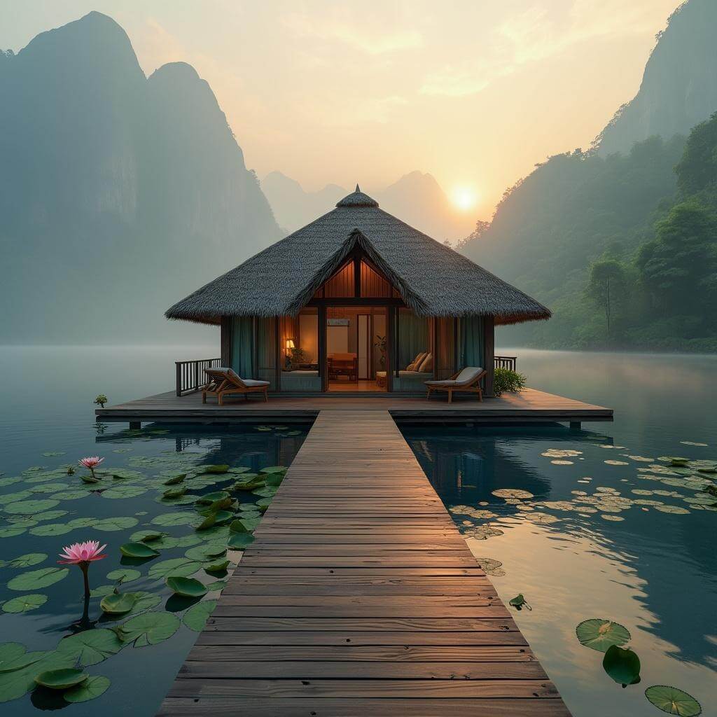 Serene floating bungalow on a calm lake with a wooden deck, surrounded by misty mountains and water lilies in golden morning light
