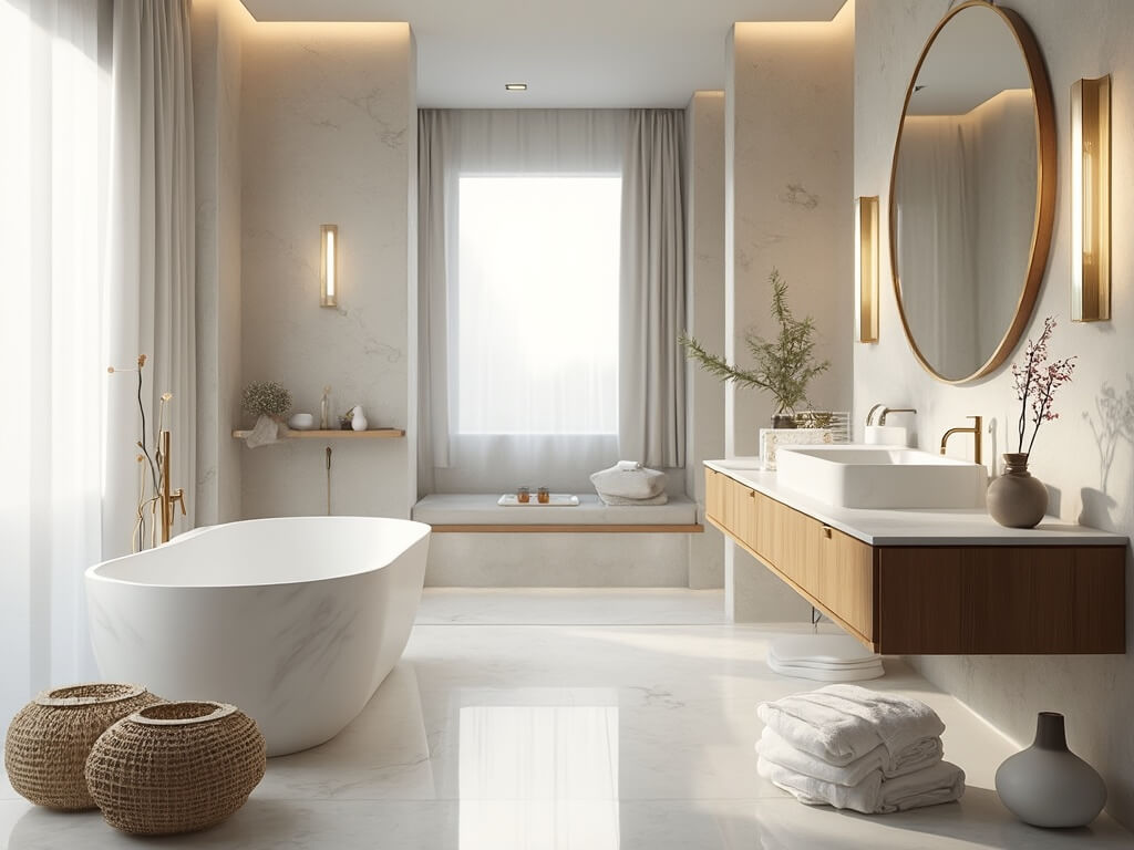 "Luxurious spa-like bathroom with marble tub, warm oak vanity, brass fixtures, and natural décor in soft morning light"
