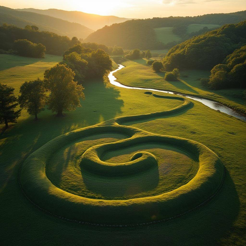 Aerial view of Great Serpent Mound during golden hour with Appalachian hills and Brush Creek in the background