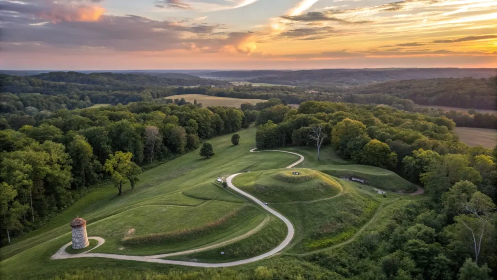 "Aerial sunset view of the Great Serpent Mound in Ohio, showing its full serpentine shape surrounded by lush greenery and an observation tower, with warm orange sky and long shadows highlighting its three-dimensional form."