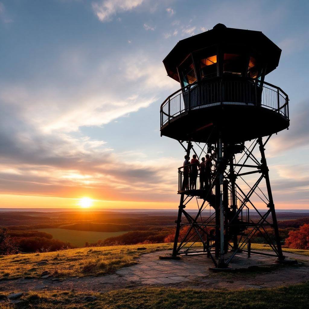 Visitors silhouetted against sunset at the observation tower of Great Serpent Mound, Adams County, Ohio