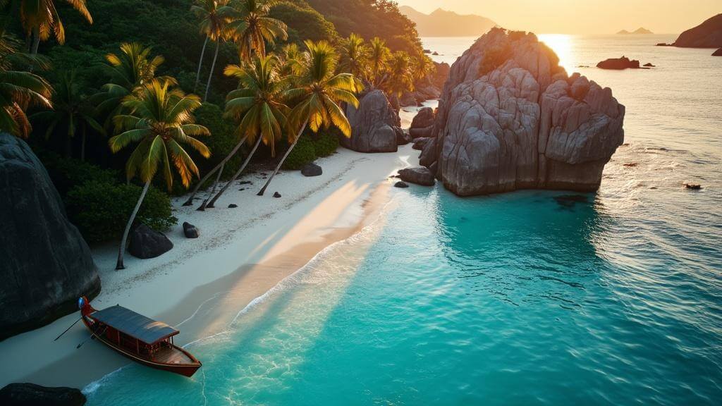 "Aerial drone view of Seychelles' Anse Source d'Argent beach at sunset with granite boulders, white sand beach, turquoise waters, swaying palm trees, a Seychellois wooden boat, and long shadows cast by the warm golden light."