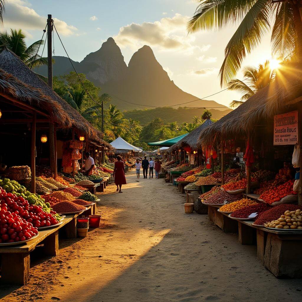 Golden hour view of a traditional Seychellois market with colorful exotic fruits and spices, palm-thatched roofs, and granite mountains in the background under a warm sunset