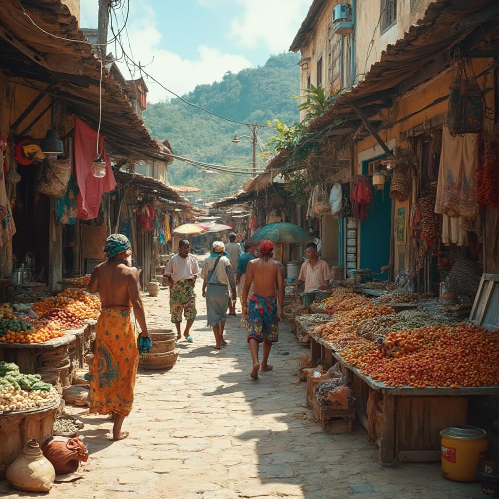 Bustling local market in Victoria, Seychelles with colorful fruits, spices, local vendors, and Creole architecture in the background