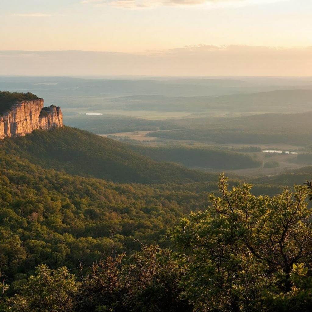 Early morning view of Shawnee National Forest from Buzzards Point with dense juniper and cedar trees, distant sandstone cliffs, and golden light highlighting topographical variations
