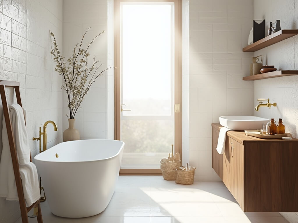 "Spacious white bathroom with freestanding tub, walnut vanity, brass fixtures, and morning light"