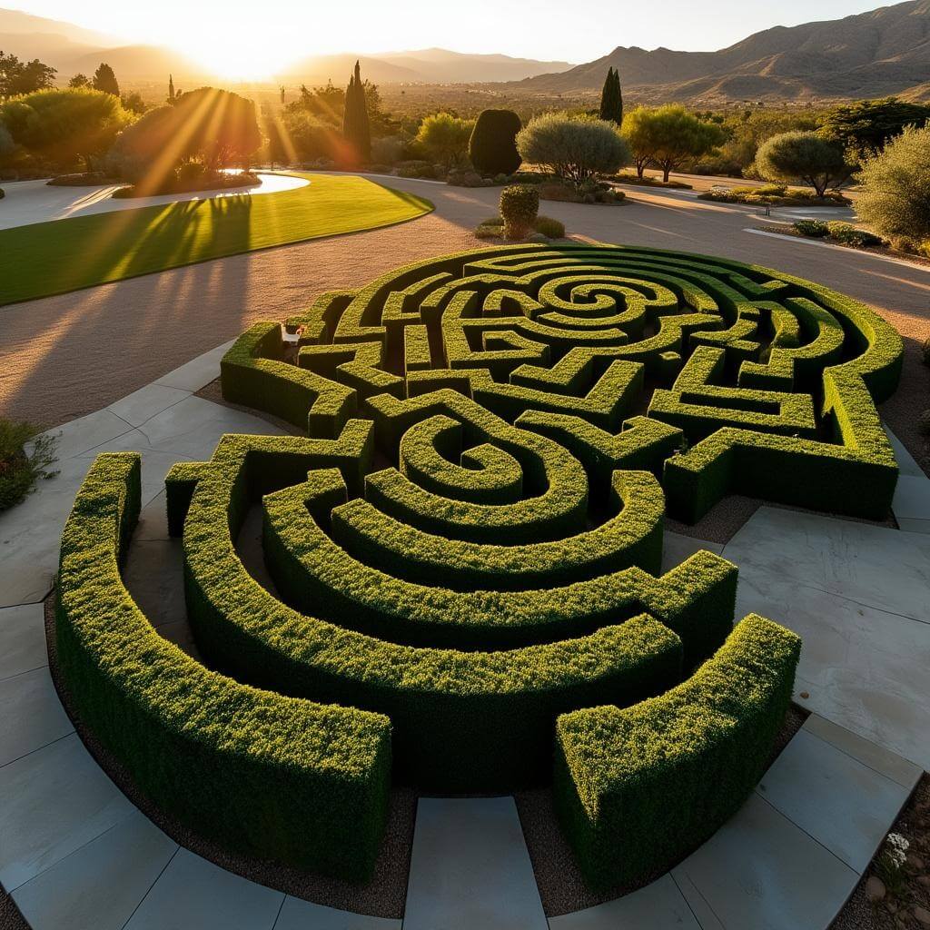 Aerial drone photo of Snoopy-shaped labyrinth in museum garden during golden hour with Santa Rosa mountains in the background