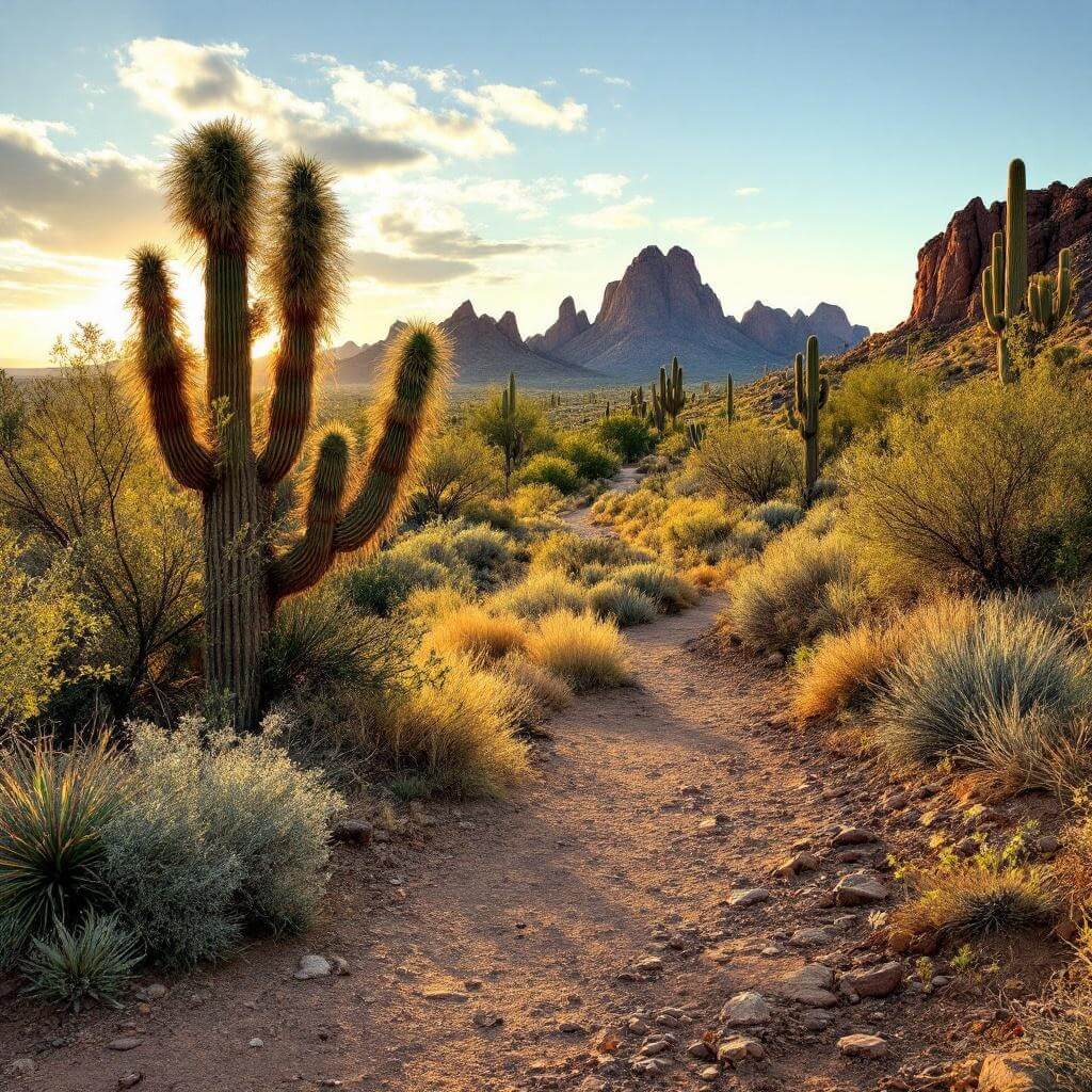 Panoramic view of the Sonoran Desert botanical trail with Papago Buttes in the background during golden hour