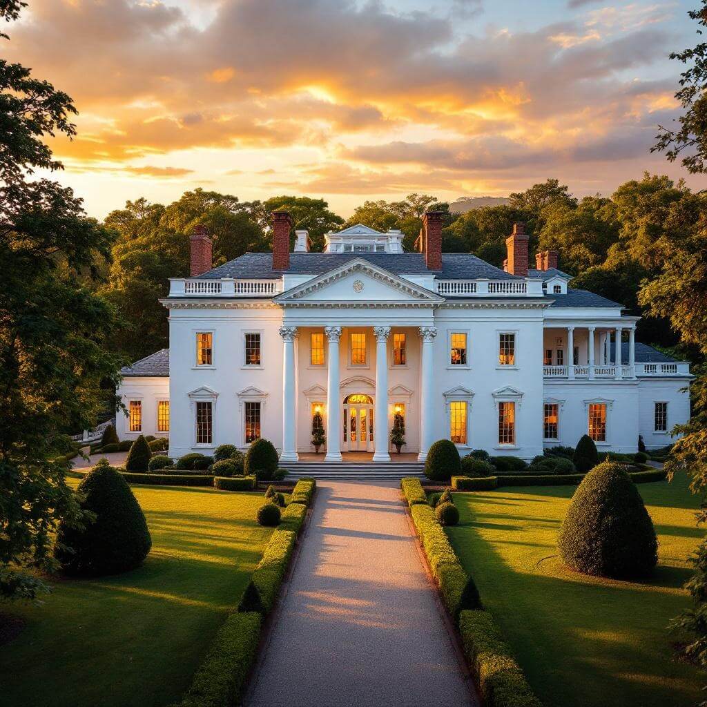 Sweeping exterior view of Stanton Hall at golden hour featuring its white Greek Revival facade, landscaped gardens, grand columns, symmetrical design, illuminated by warm sunlight