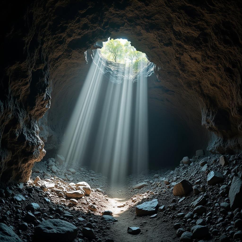 Sunlight penetrating through collapsed sections of an underground cave tunnel, illuminating volcanic rock walls and casting ethereal beams of light on lava tube formations