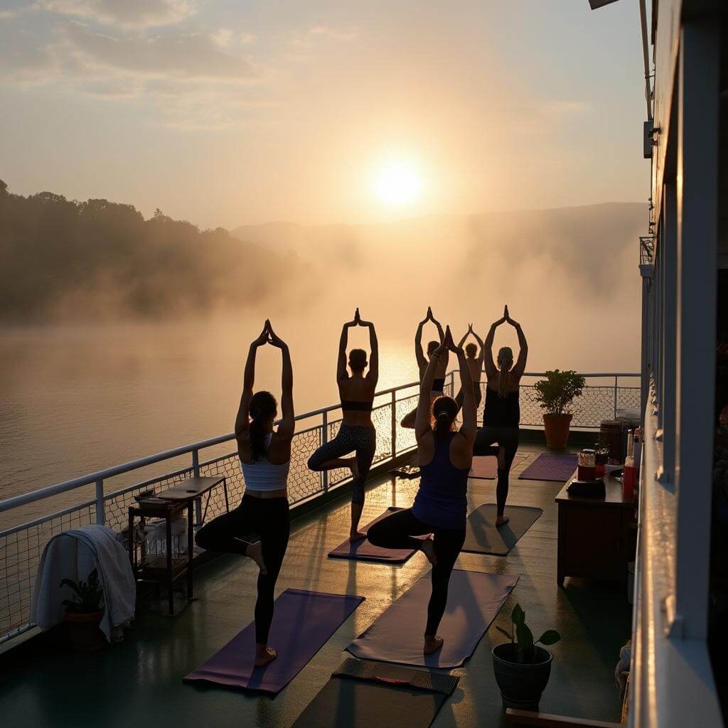 Passengers practicing yoga on a riverboat's upper deck at sunrise, in the misty atmosphere of the Tennessee River