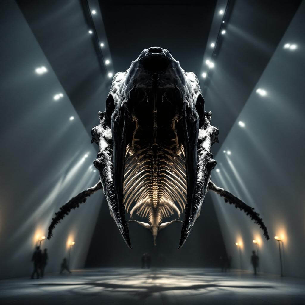 Whale skeleton displayed in museum gallery with ethereal shadows showcasing its immense scale and delicate bone structure