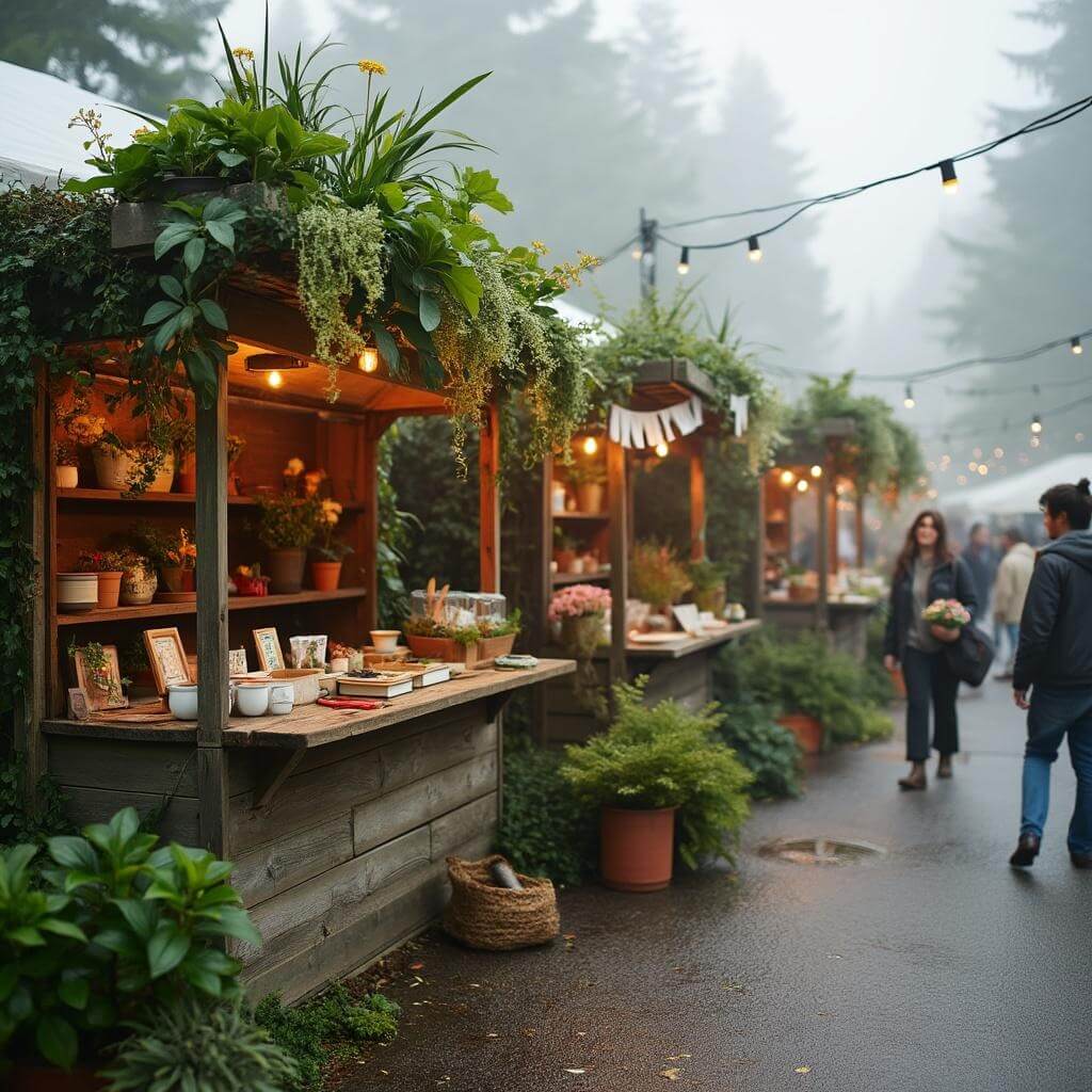 Sustainable festival scene featuring eco-friendly stalls crafted from reclaimed wood selling local artisanal products, surrounded by lush garden arrangements and reusable decorations during a misty Portland morning