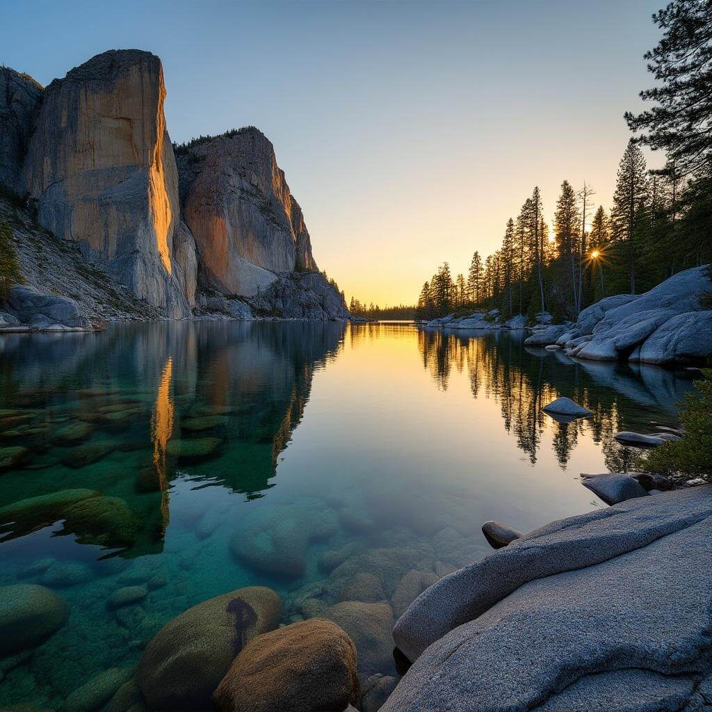 Sylvan Lake at sunset with granite formations reflecting in clear water, surrounded by pine trees