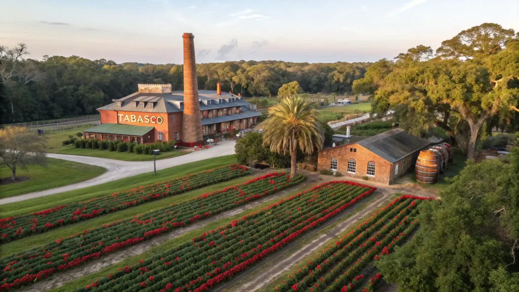 "Aerial view of Avery Island with TABASCO® factory, red pepper fields, historic McIlhenny mansion, Jungle Gardens, and oak barrels bathed in golden sunlight."