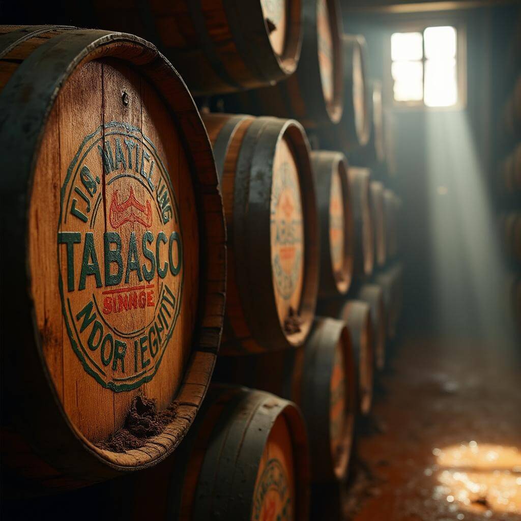 Close-up of aged oak barrels used for TABASCO® aging process in a dimly lit warehouse, highlighted by sunlight streaming through dusty windows