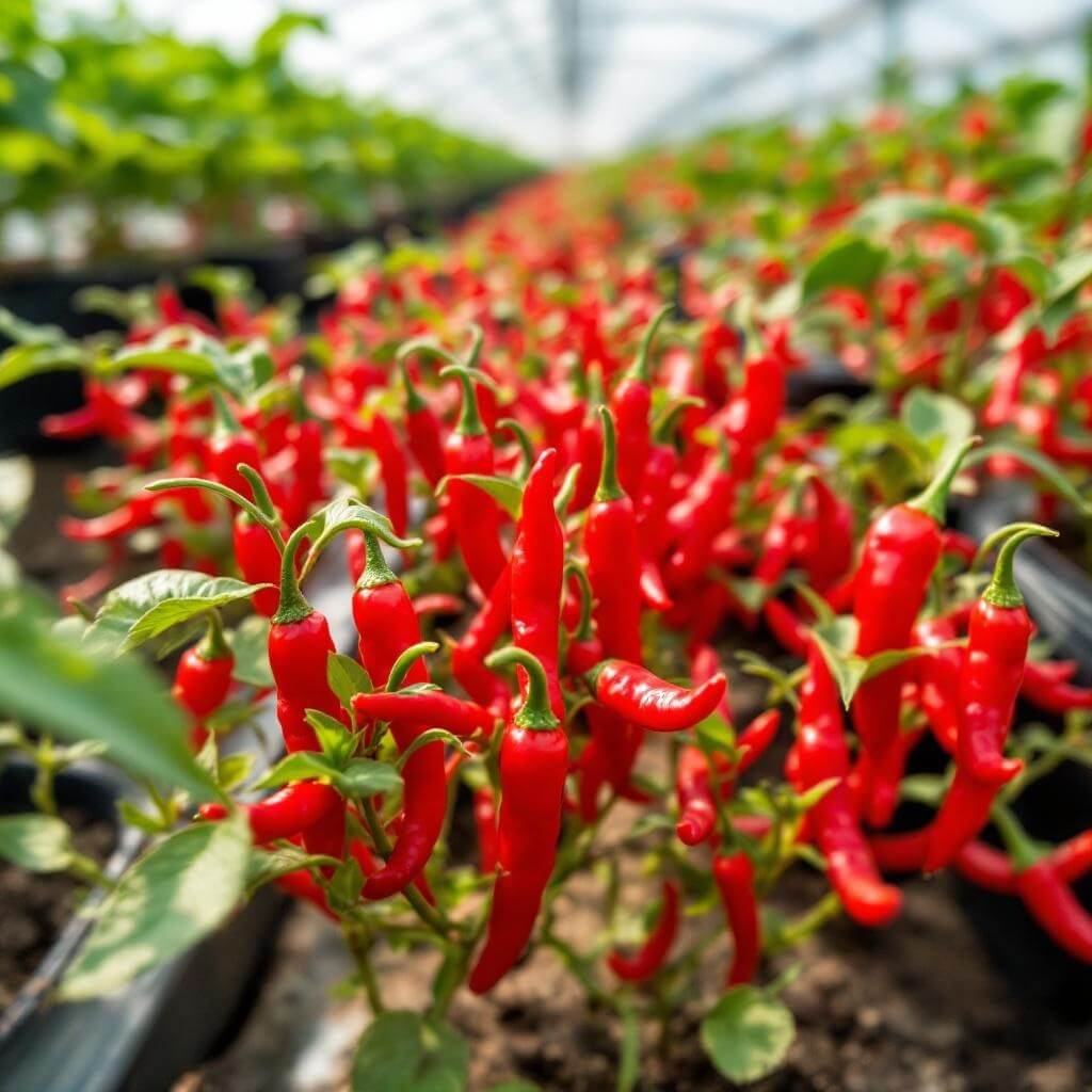 Close-up of red Tabasco pepper plants growing in a greenhouse with soft natural light filtering through glass panels