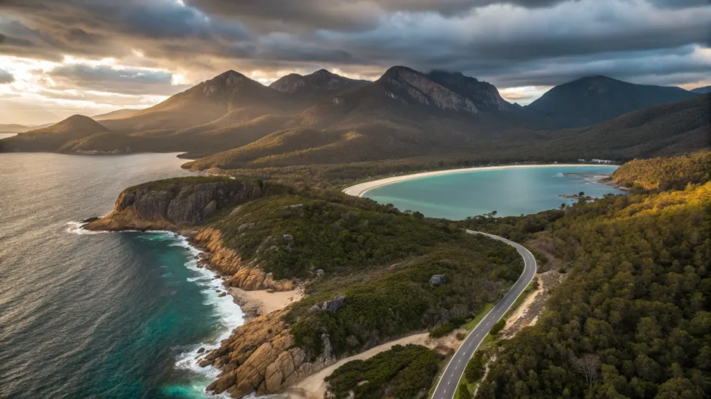 "Aerial view of Tasmania's coastline with winding road, lone campervan, Wineglass Bay, rainforest, turquoise waters, moody clouds, and distant snow-capped Cradle Mountain during golden hour"
