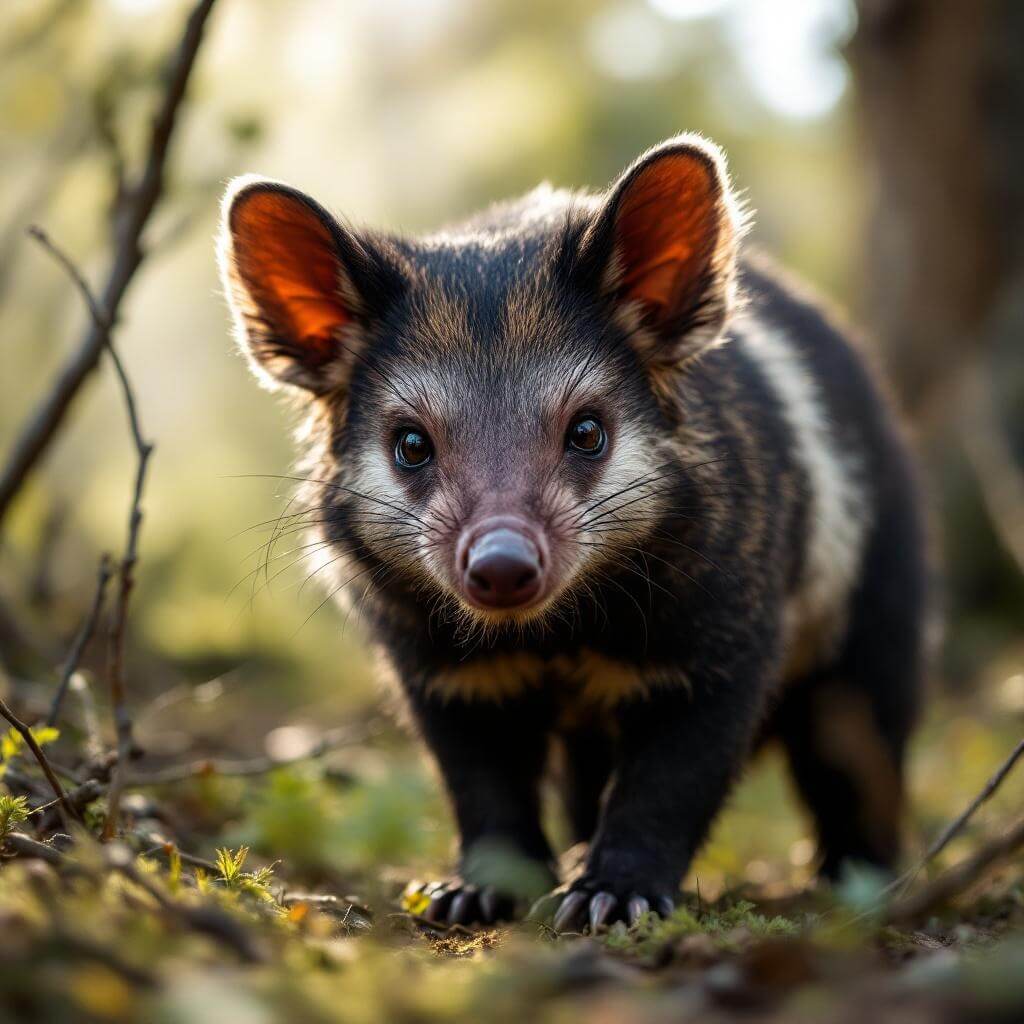 Close-up photo of a Tasmanian devil in its natural habitat with detailed fur, alert posture, surrounded by native bushland under the soft dappled light of eucalyptus trees, reflecting its intense and wild character