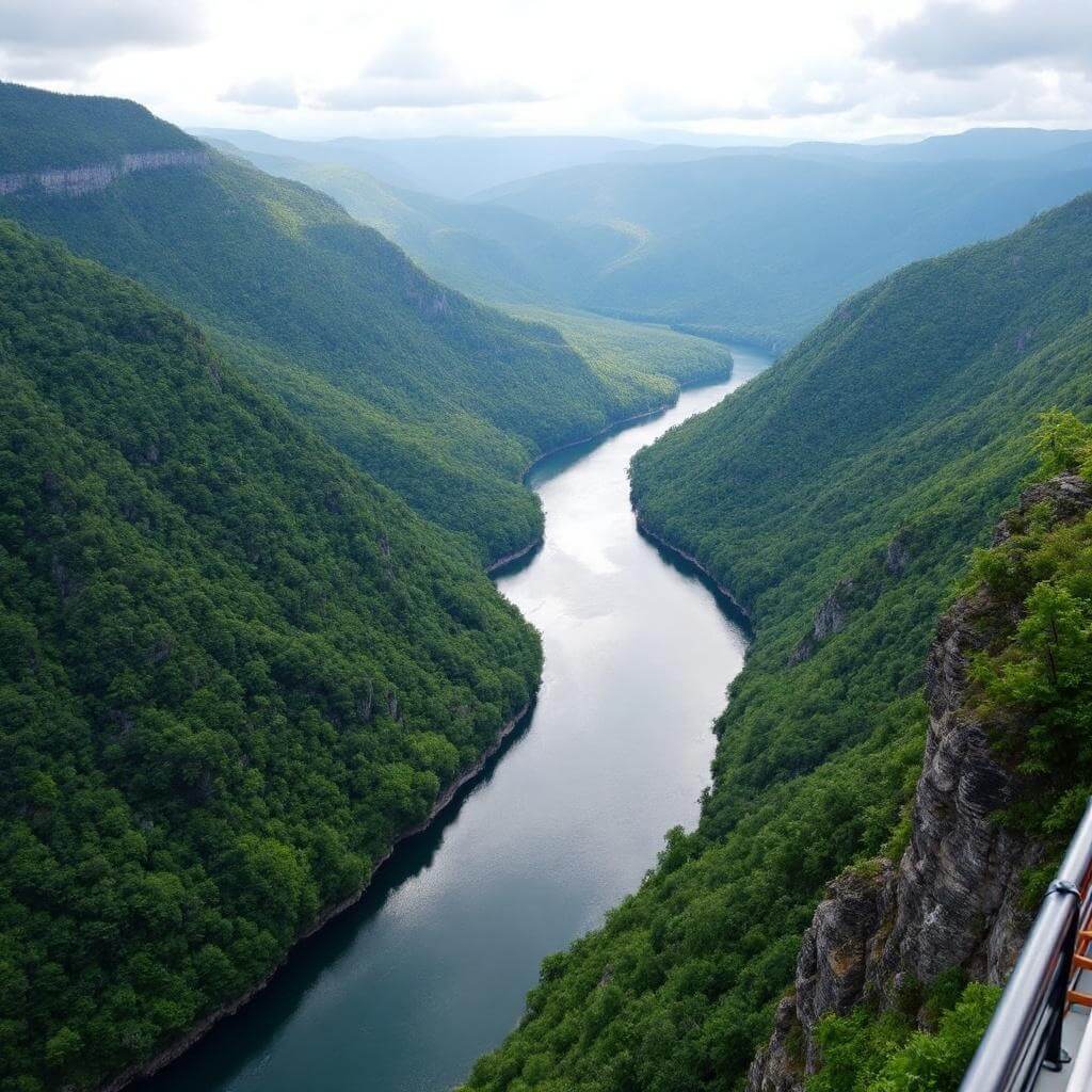 Panoramic view of Tennessee River Gorge's lush mountains and winding river from a riverboat deck