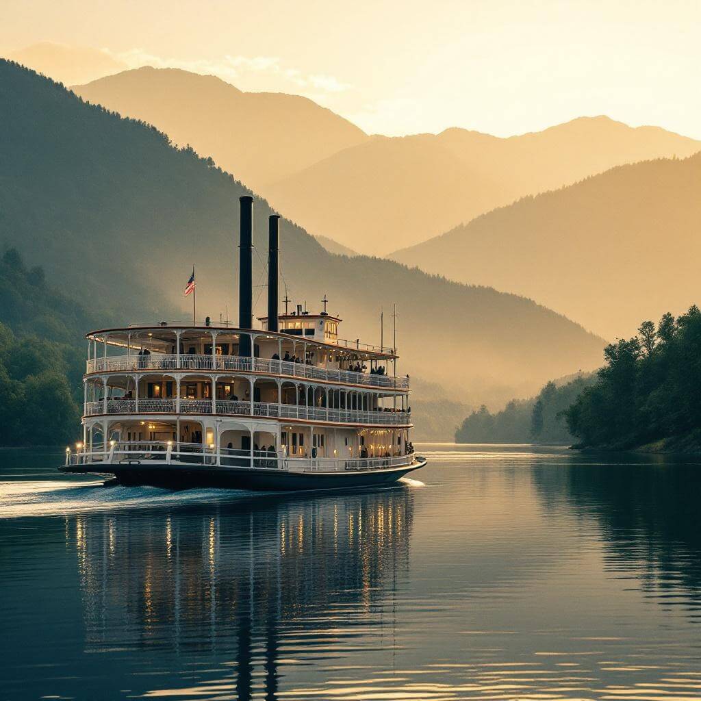 Classic paddle wheeler riverboat on Tennessee River during golden sunset with Appalachian Mountain foothills background