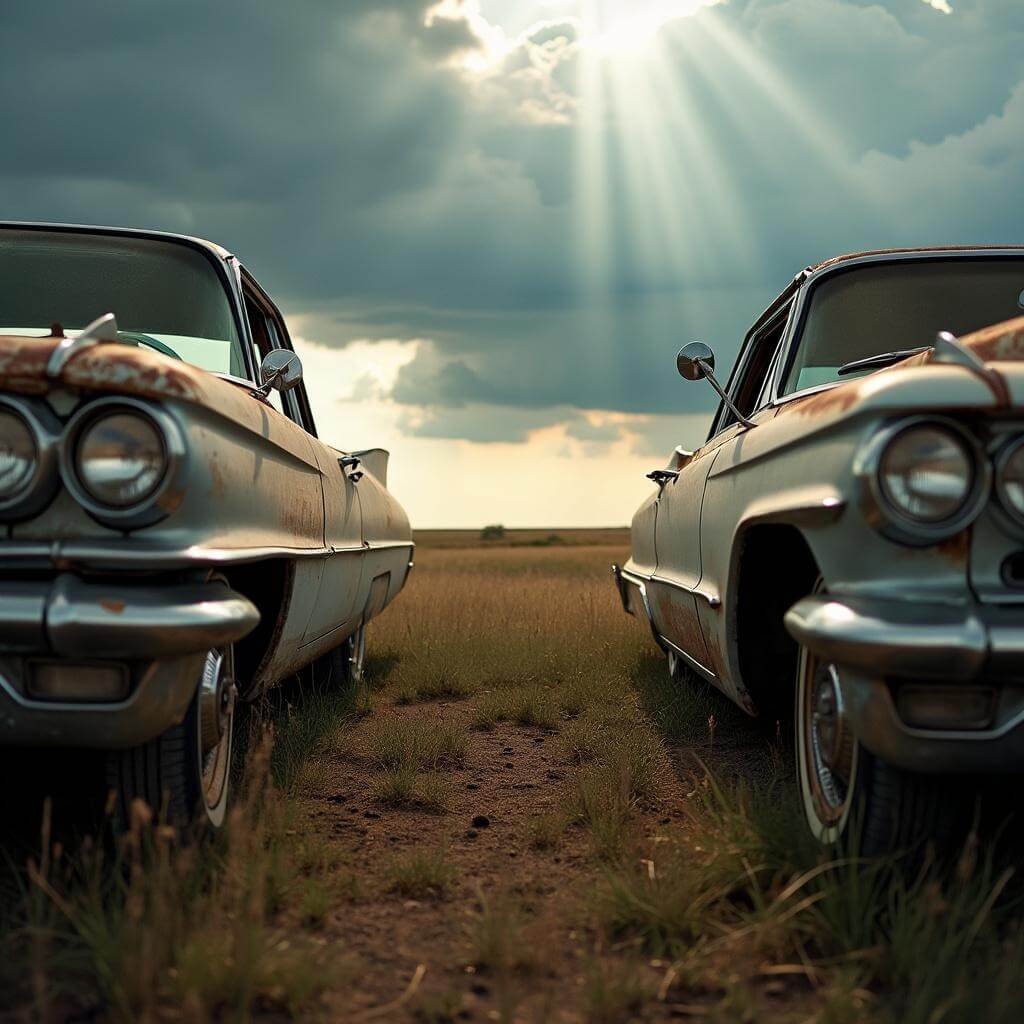 Low-angle view of Texas prairie through two framed Cadillacs with gathering storm clouds creating dramatic light rays
