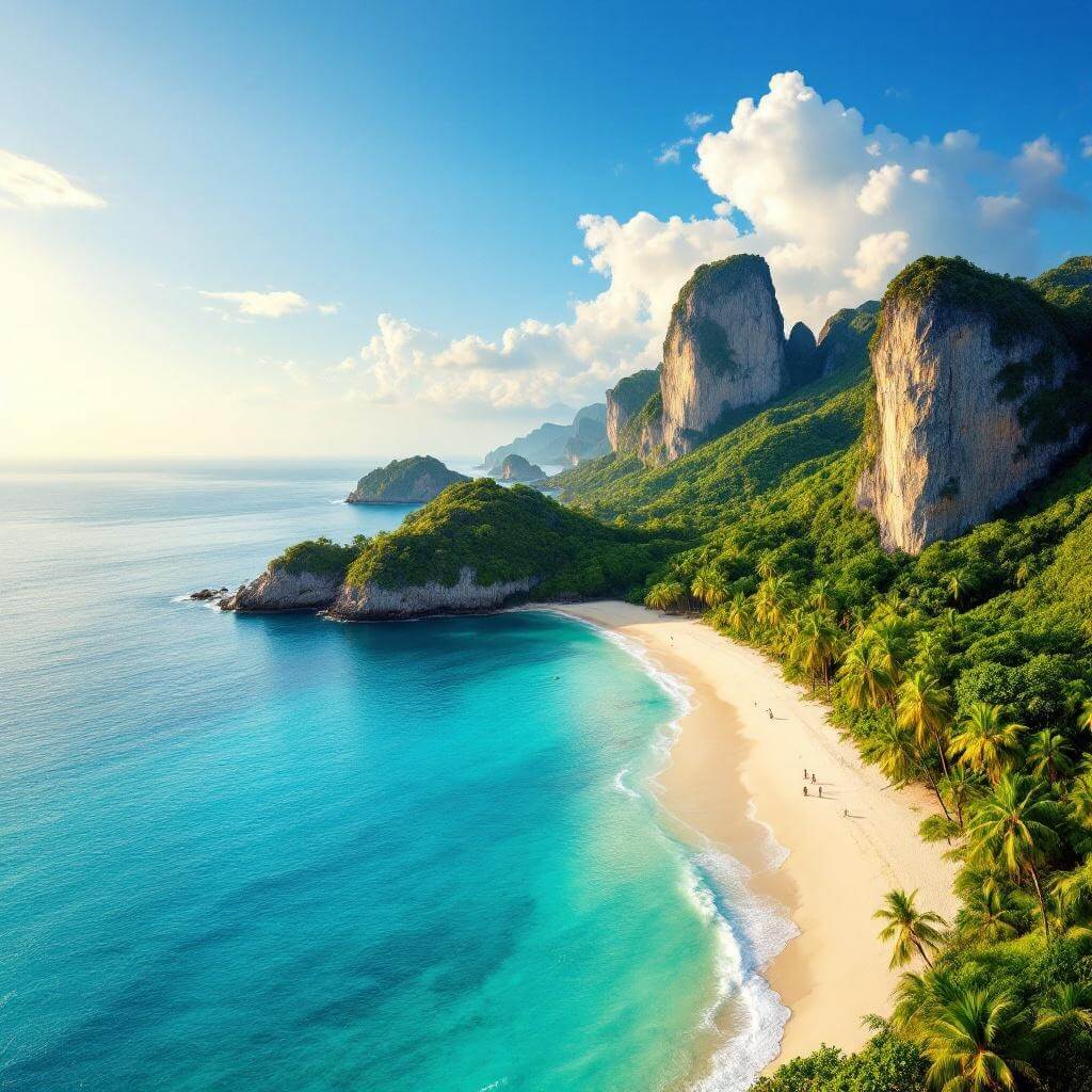 Panoramic view of Thai coastline with azure Andaman Sea, white sandy beaches, limestone karst formations, lush tropical vegetation and long shadows from afternoon sunlight