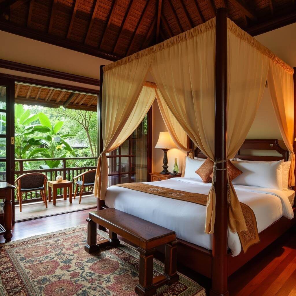 Traditional Thai decorated boutique hotel room in Chiang Mai with four-poster bed, silk drapes, teak wood furniture, tropical garden view from private balcony, ambient lighting, and earth-toned handwoven textiles