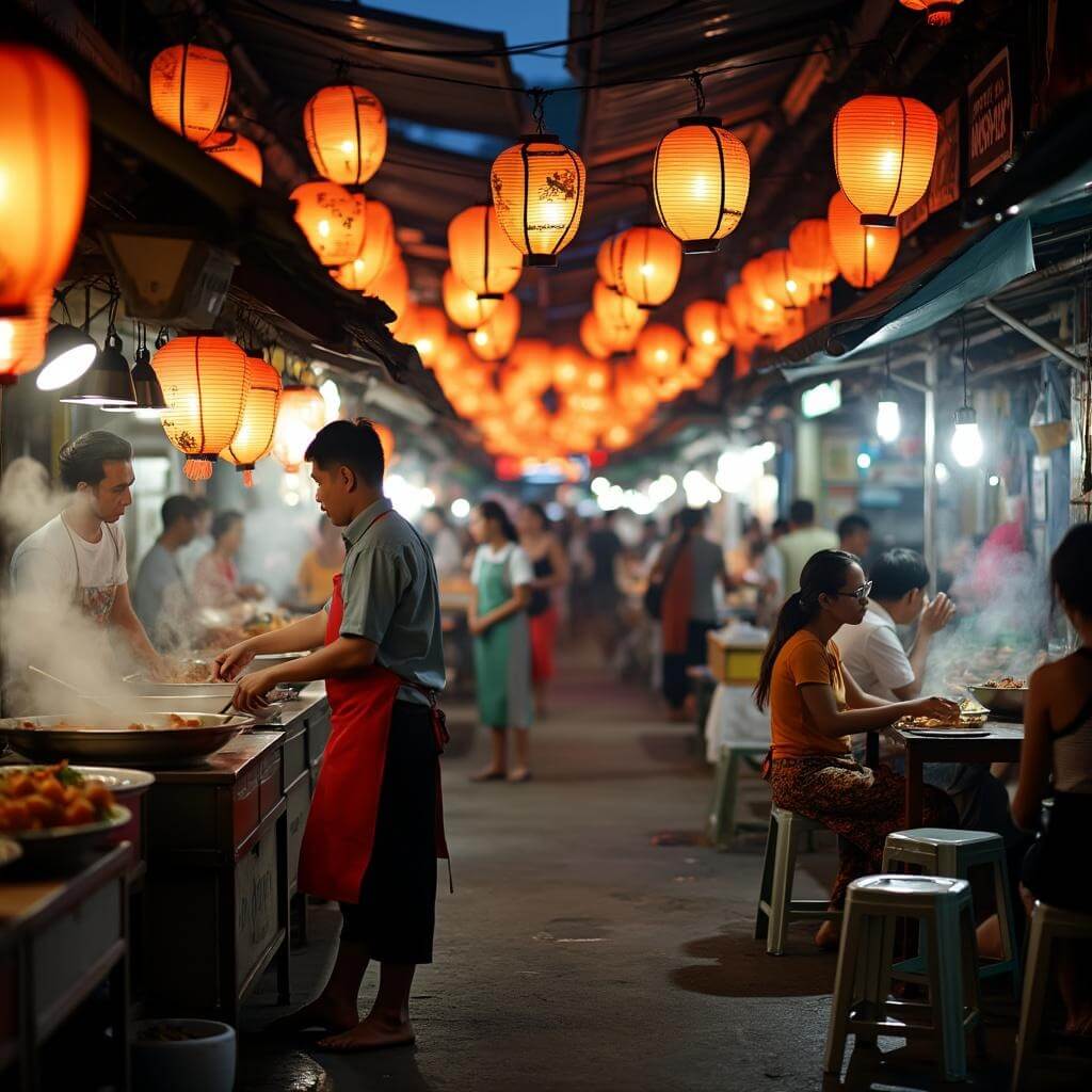 Vendors preparing food at Thai night market under glowing paper lanterns with locals dining at nearby tables, shot with bokeh effect