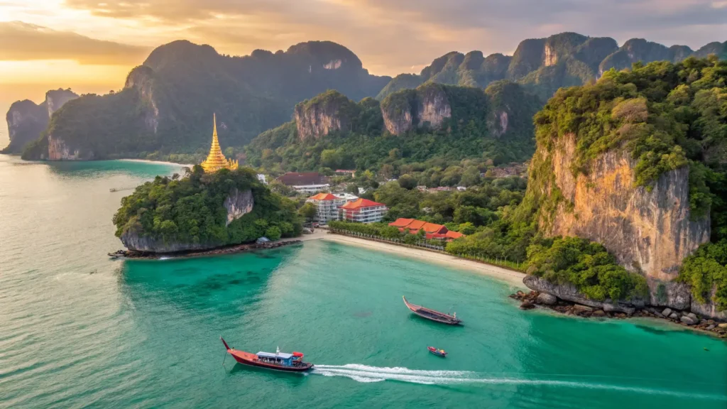 "Panoramic view of Thailand showcasing turquoise waters of Phang Nga Bay, Bangkok's modern skyline with golden temples, and lush green mountains of Chiang Mai at sunset, including a long-tail boat and a tuk-tuk"