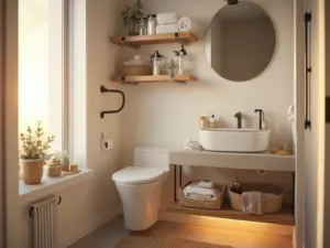 "Tiny organized bathroom featuring floating bamboo shelves, wall-mounted organizers, woven baskets, and light streaming through a frosted window"