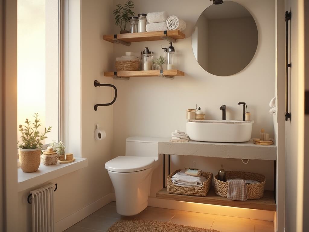 "Tiny organized bathroom featuring floating bamboo shelves, wall-mounted organizers, woven baskets, and light streaming through a frosted window"