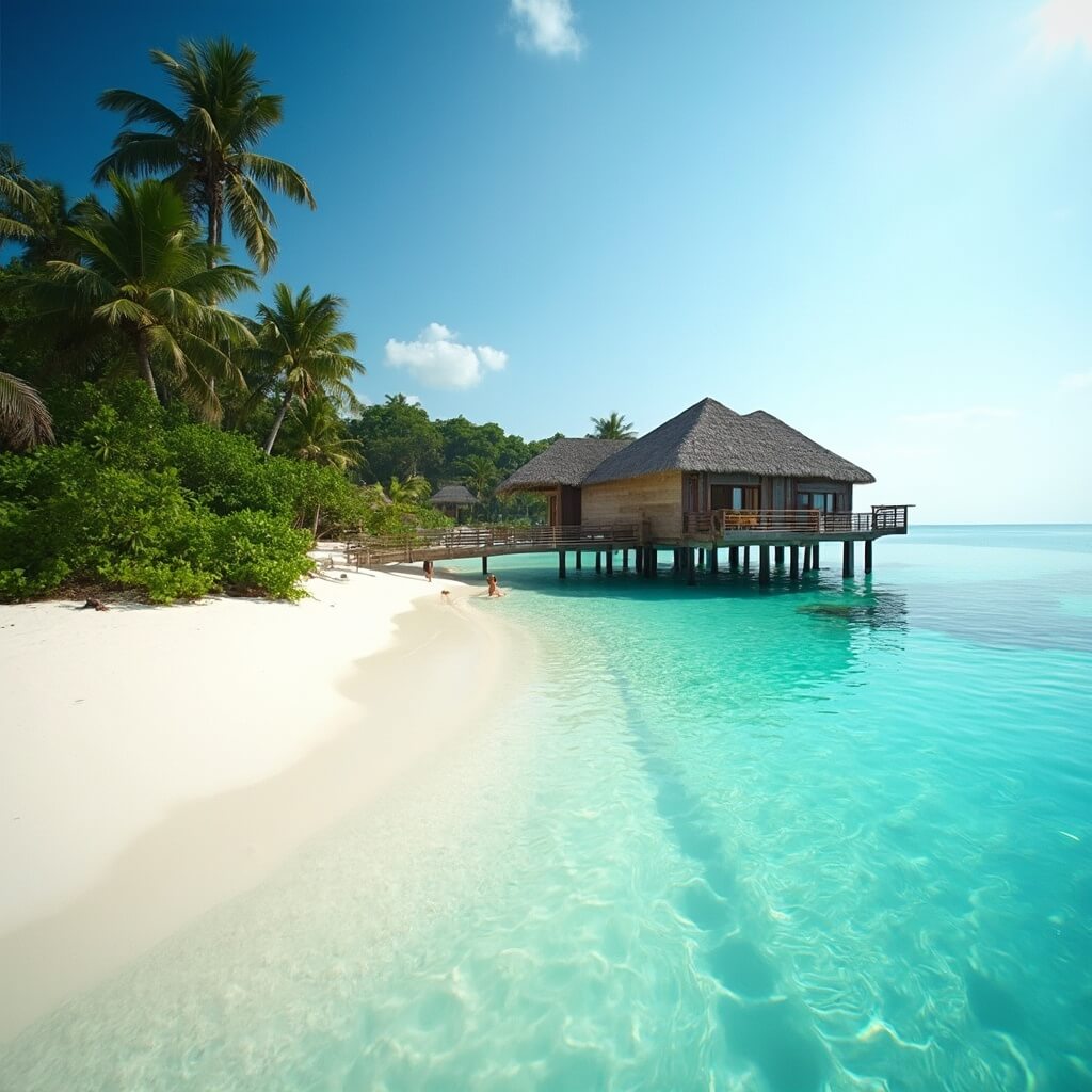 Overwater bungalow on stilts at a pristine white sandy beach with clear turquoise waters and lush tropical vegetation under soft sunlight