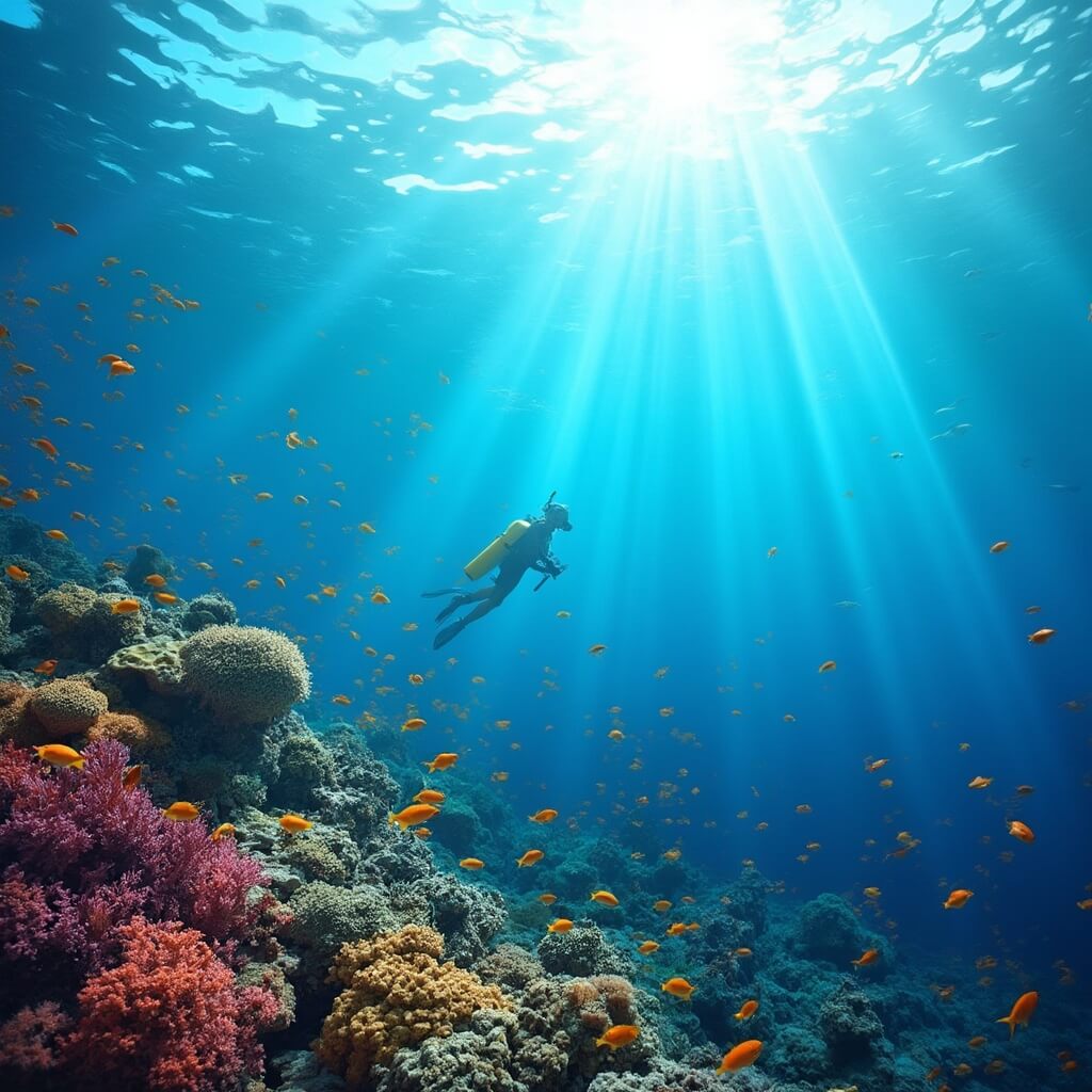 Stunning underwater scene of vibrant coral reefs, tropical fish, and ethereal sunlight in crystal clear waters