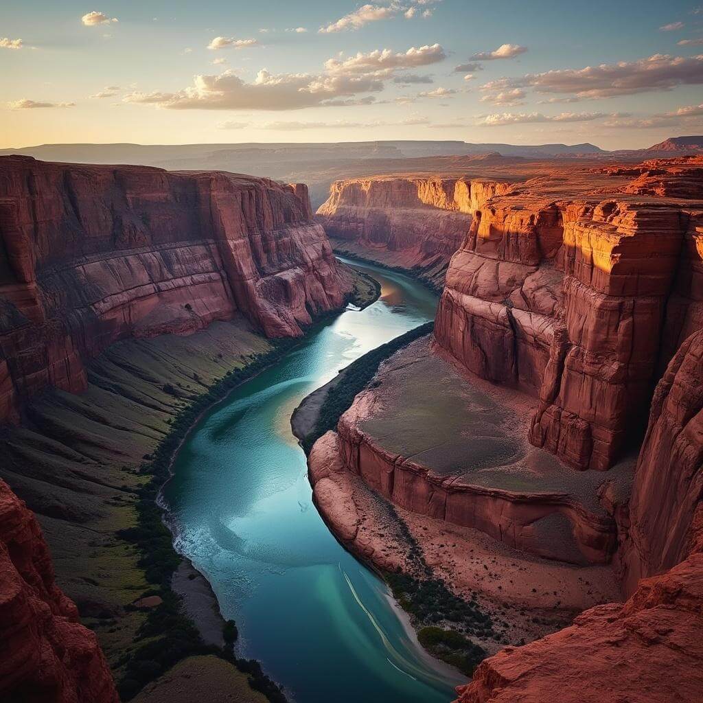 Confluence of turquoise blue and muddy brown rivers in a canyon with towering red rock walls during golden hour