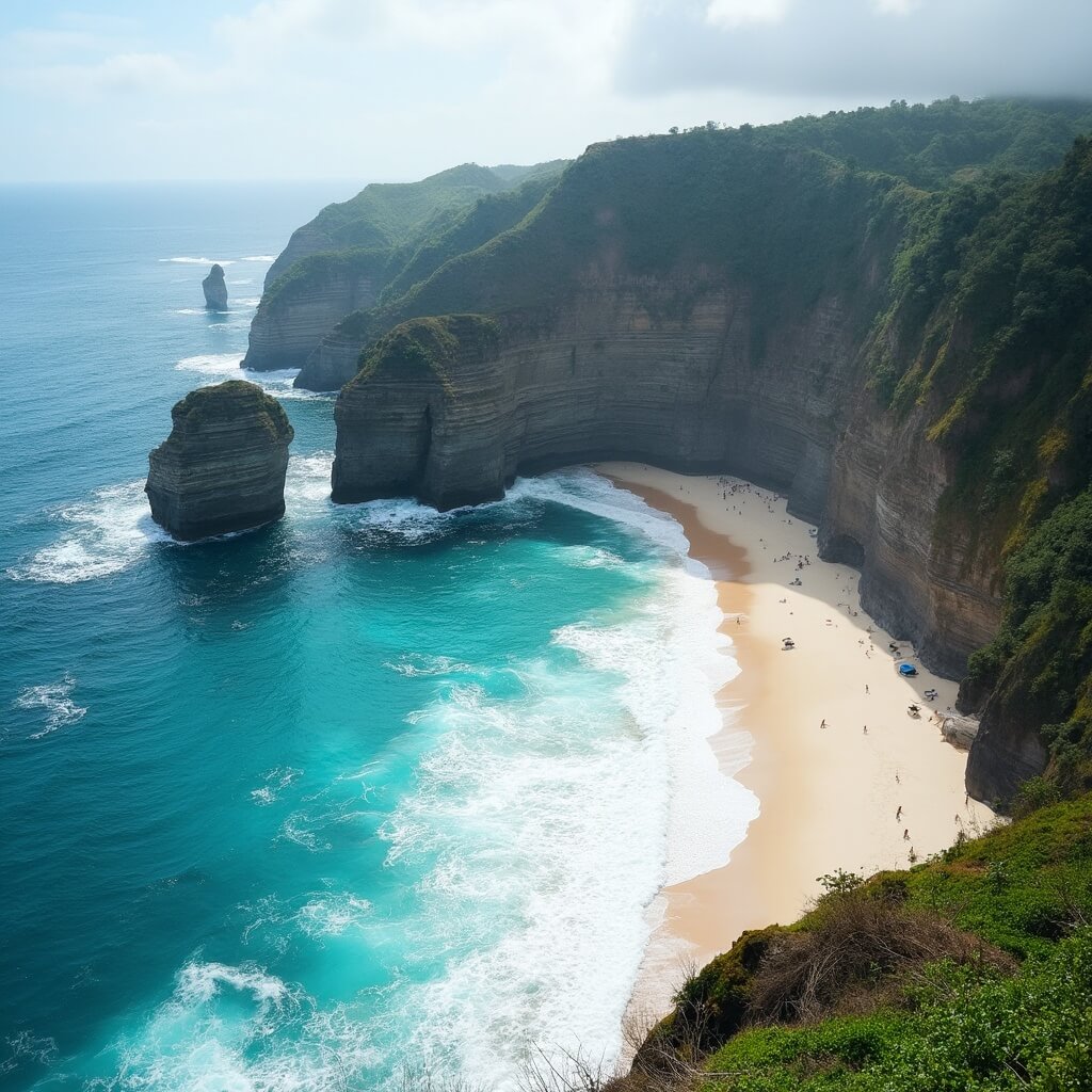 Dramatic Uluwatu beach scene with rocky cliffs, clear turquoise waters, white sand and powerful waves breaking on Bali's coastal landscape
