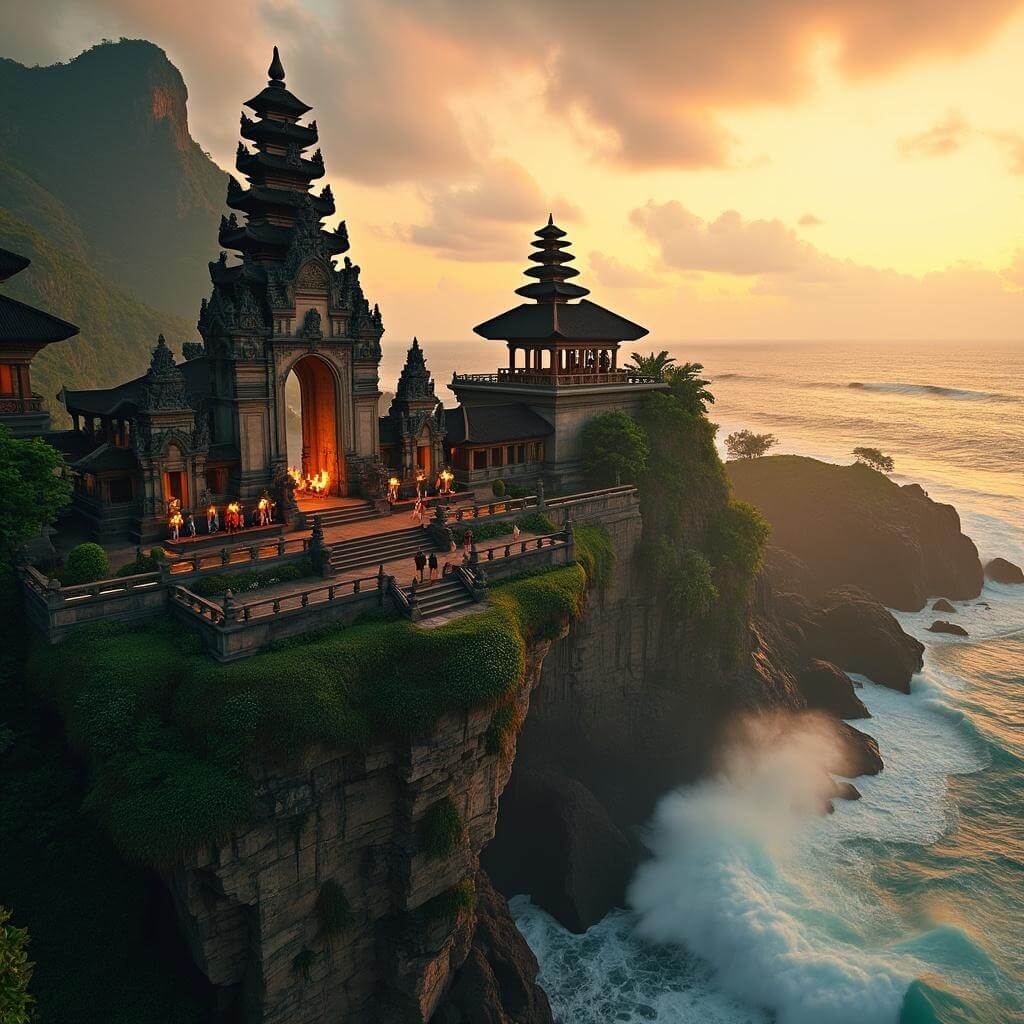 Ancient Balinese temple at Uluwatu on a cliff with Kecak fire dancers performing during golden hour, surrounded by misty ocean waves