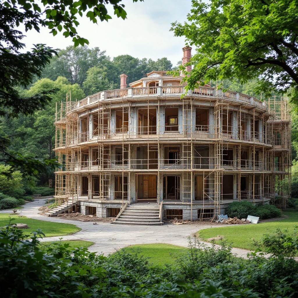 Unfinished octagonal Longwood mansion with wooden scaffolding, set amidst green landscape in natural lighting