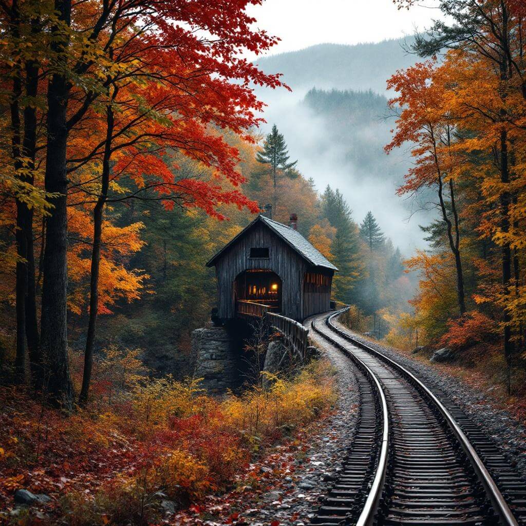 Historic covered bridge in Vermont's autumn forest with train track curving through the foreground, surrounded by vibrant fall colors