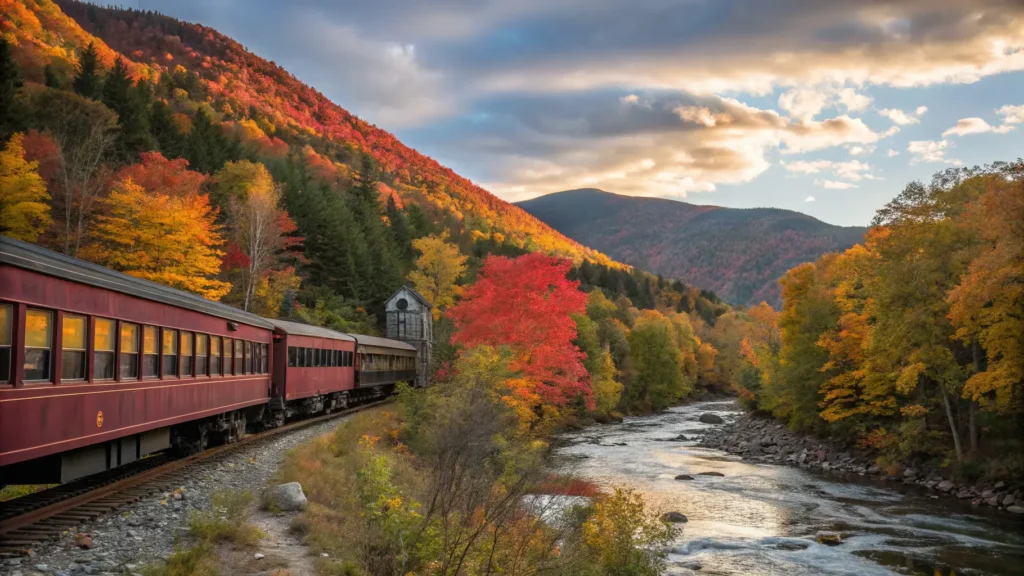 "Vintage train crossing a covered bridge amid vibrant Vermont fall foliage with mountains and warm sunlight in the background"