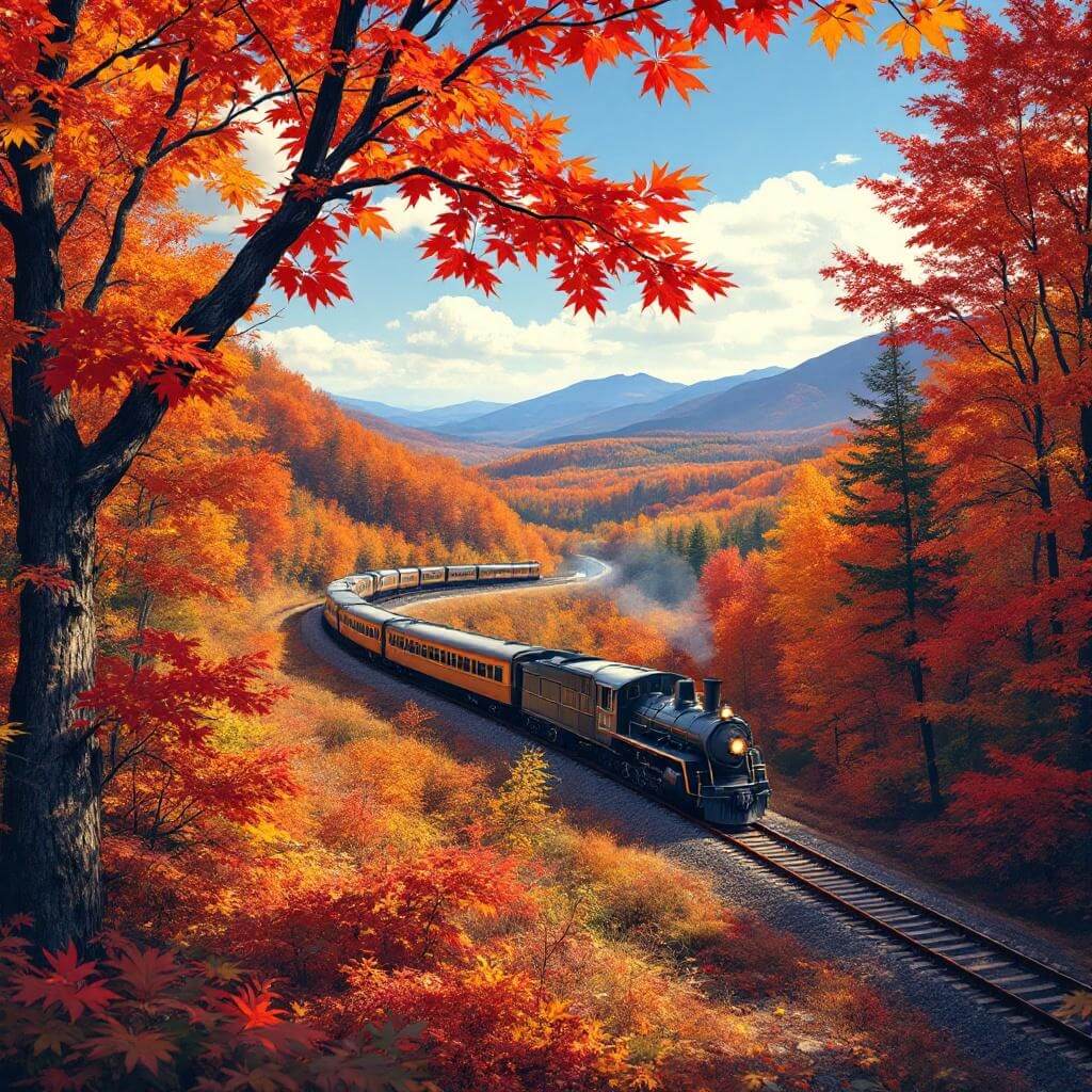 Vintage railroad car journeying through Vermont's Green Mountains during autumn, surrounded by vibrant red and orange maple leaves under a clear blue sky, with distant mountain ranges in the background