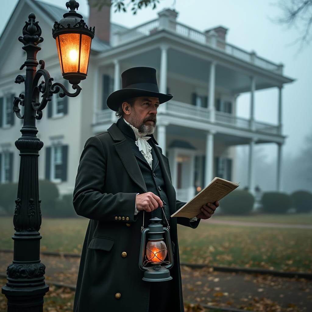 Ghost tour guide in 1800s attire holding a lantern beneath a gas lamp, with foggy antebellum mansion in the background