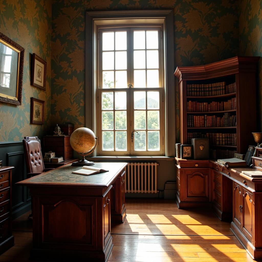 19th century study room with mahogany desk, antique globe, leather-bound books, ornate wallpaper, and hardwood floors reflecting afternoon light
