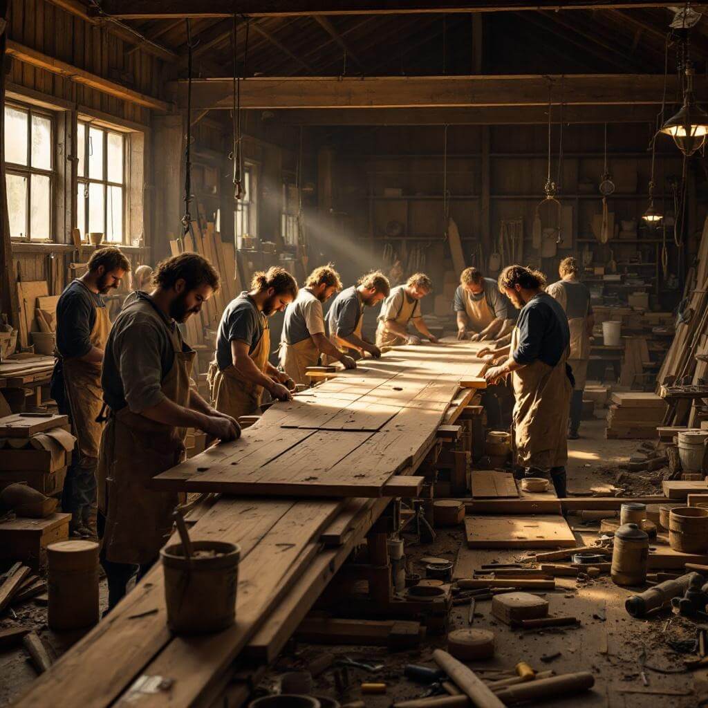 Volunteers collaboratively constructing a Viking ship in a potato warehouse, shaping wooden planks under warm workshop lighting, depicting dedication and teamwork.