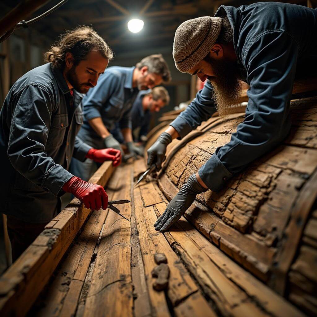 Conservation experts meticulously restoring a Viking ship's wooden hull using specialized tools, with close-ups of the intricate wood grain patterns and traditional construction methods illuminated by professional lighting.