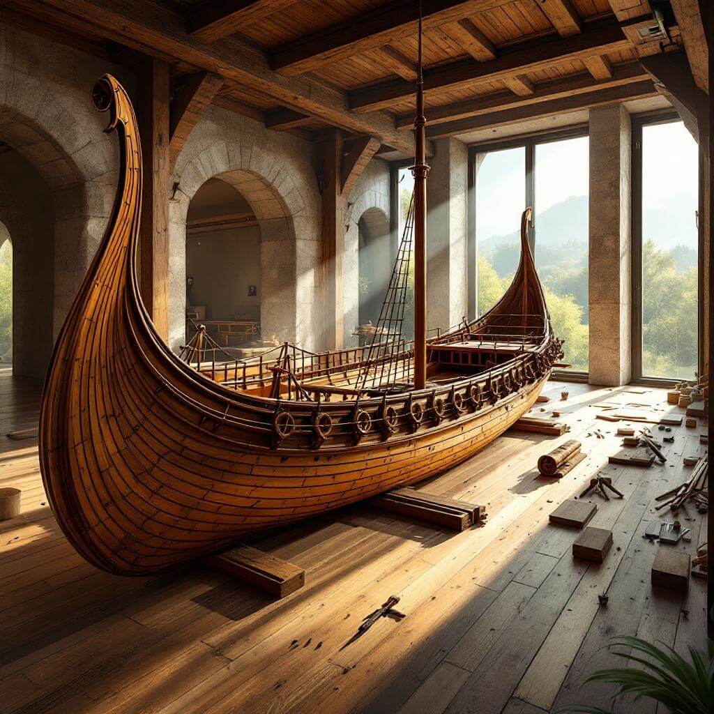 Elevated side view of a detailed Viking wooden ship displayed inside a brightly lit interior, showcasing its carefully crafted structure illuminated by natural light from large windows.