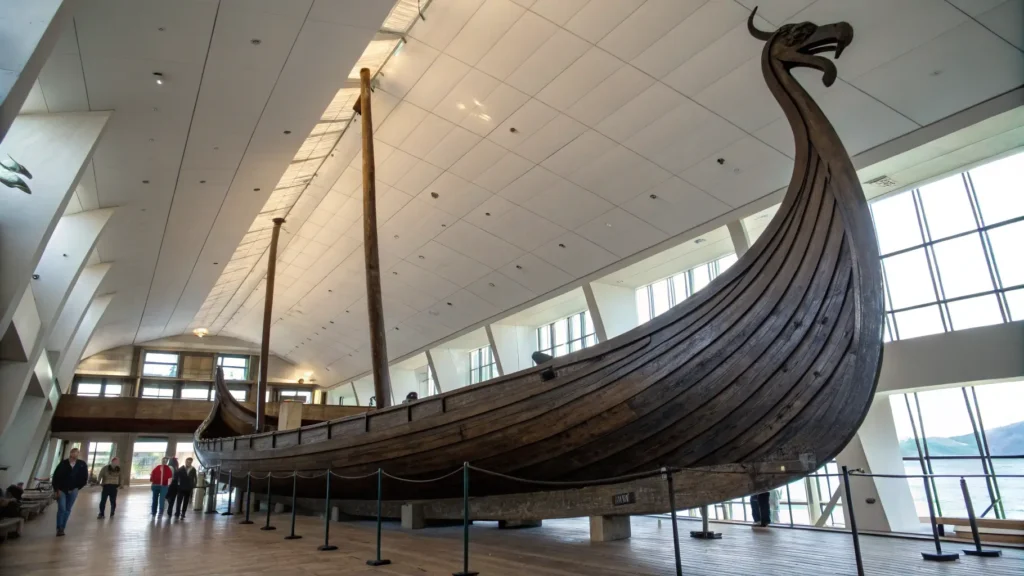 "Majestic full-sized Viking ship with detailed carvings and dragon head bow on display in modern museum atrium, illuminated by natural light from windows"